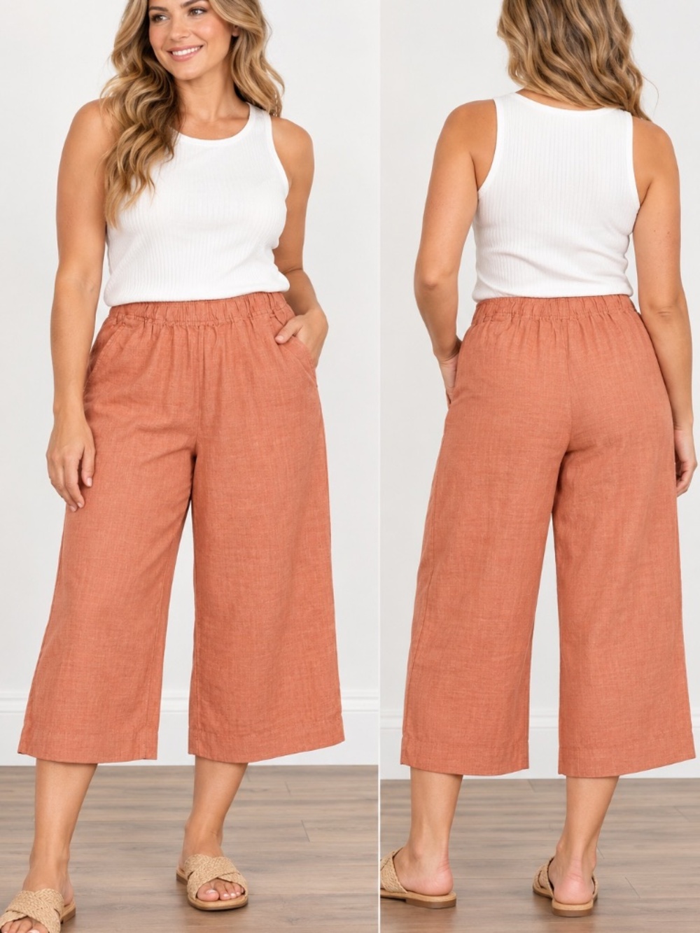 Tahari 100% Linen Wide Leg Crop Pants Orange Elastic Waist Size Small